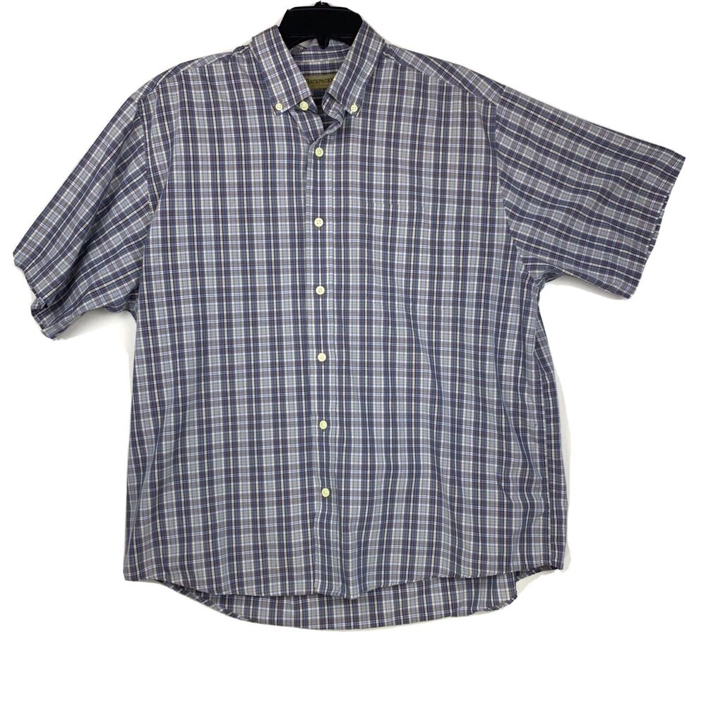Backpacker Shirt Mens XL Blue Check Short Sleeves Button Down Plaid Easy Care